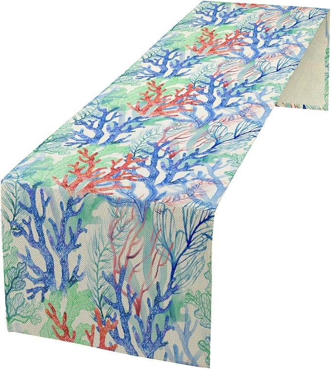 Summer Shell Starfish Table Runner, Seasonal Spring Summer Tropical Ocean Beach Indoor Party Kitchen Outdoor Table Decor 13x90 Inch