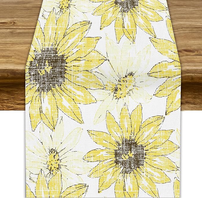 Chrysanthemum Vintage Floral Table Runner, Elegant Grunge Gray Sunflower Spring Summer Elegant Pattern Artichokes Flower Table Runner for Party Kitchen Dining Living Room Decor, 13x60 Inch