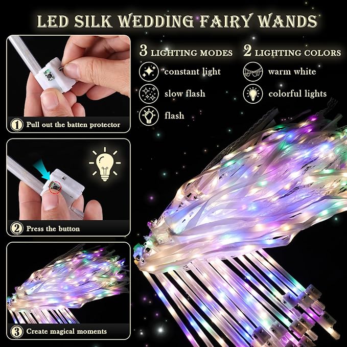 Streamers 100 Pack Light Up Wands with Ribbons, Bells and LEDs