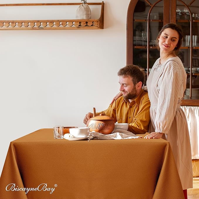 Biscaynebay Fall Tablecloth Textured Fabric Square Tablecloths 90x90 Inch, Bronze Thanksgiving Autumn Harvest Water Resistant Fabric Tablecloths for Kitchen, Dining, Wedding, Parties Machine Washable