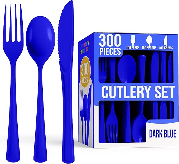 Disposable Plastic Cutlery Set, 300 Pieces, Dark Blue