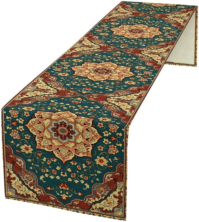 Boho Rich Table Runner, Vintage Blue Teal Gold Retro Flower Rustic Country Style Floral Print Pattern for Home Kitchen Table Decor Dining Coffee Room Garden Party Decor 13x108in