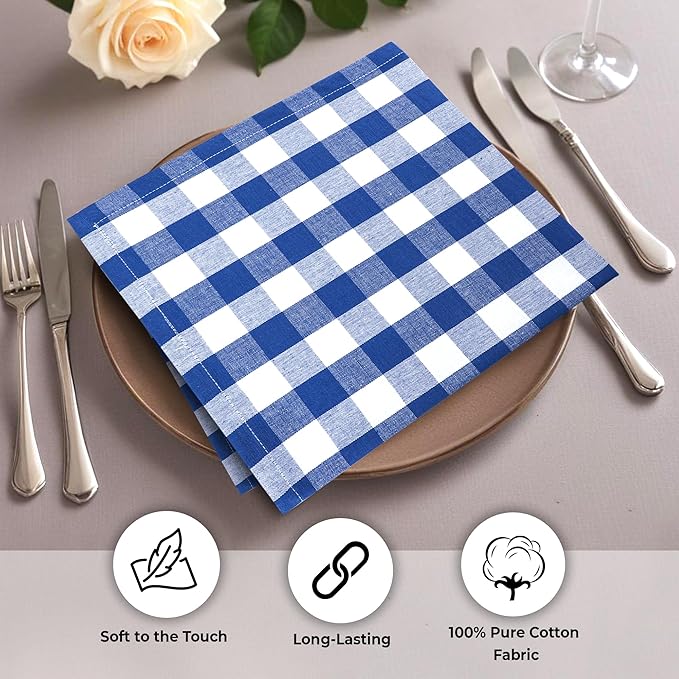 Cloth Dinner Napkins, Blue Checkered 100% Cotton, 20 x 20 Inch