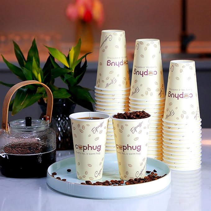 Coffee Cups 16 oz Yellow Paper, 100 Pack with Lids and Sleeves