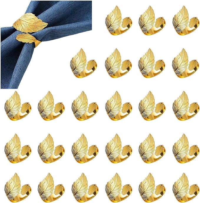 Gold Leaf Napkin Rings, 50 Pack Metal Holders, 1.77 Inch Diameter
