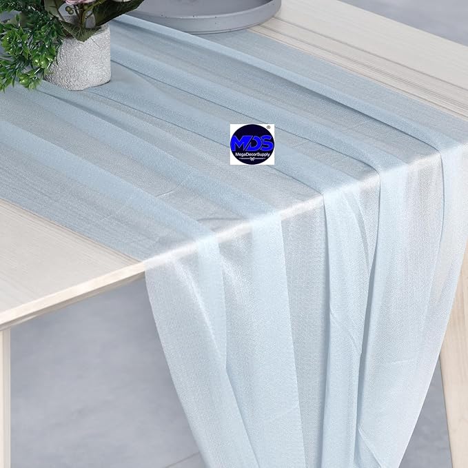 MDS 15 Pack 10ft Chiffon Table Runner 29 x 120 Inches Sheer Wedding Runner Romantic Rustic Table Runner for Wedding Decorations, Birthday Parties, Bridal Shower Party Arch Decor - Baby Blue