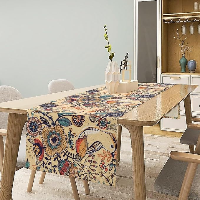 Vintage Paisley Table Runner, Boho Beige Paisley Flower Leaves Print Table Runner for Home Party Patio Indoor Outdoor, 13x90inch