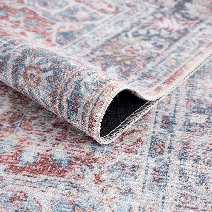 Bloom Rugs Caria Washable Non-Slip 12 ft Runner - Brick/Dark Blue Traditional Runner for Entryway, Hallway, Bathroom, and Kitchen - Exact Size: 2'6" x 12'