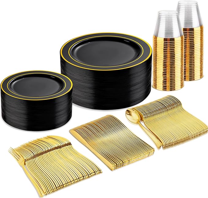 Plates for 25 Guests, Black Plastic with Gold Trim