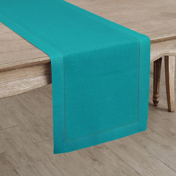 Solino Home Linen Teal Table Runner 72 Inches Long - 100% Pure Linen Hemstitch Table Runner 14 x 72 Inch for Dresser, Dining, Fall, Autumn, Halloween, Thanksgiving, Christmas - Classic Hemstitch