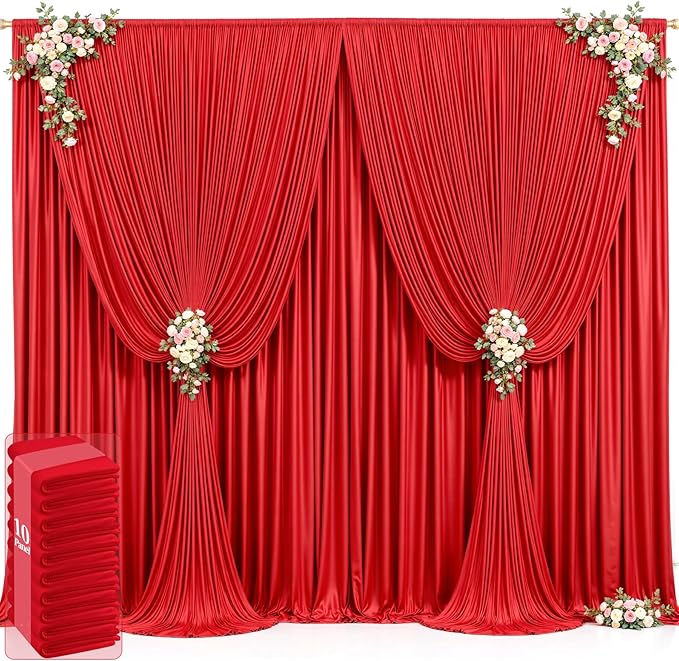 Red Backdrop Curtains, Wrinkle-Free Soft Fabric, Set of 10 Panels