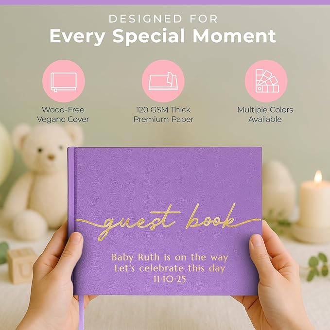 Guestbook with 110 Lined Pages, Vegan Leather Cover, Lavender Purple