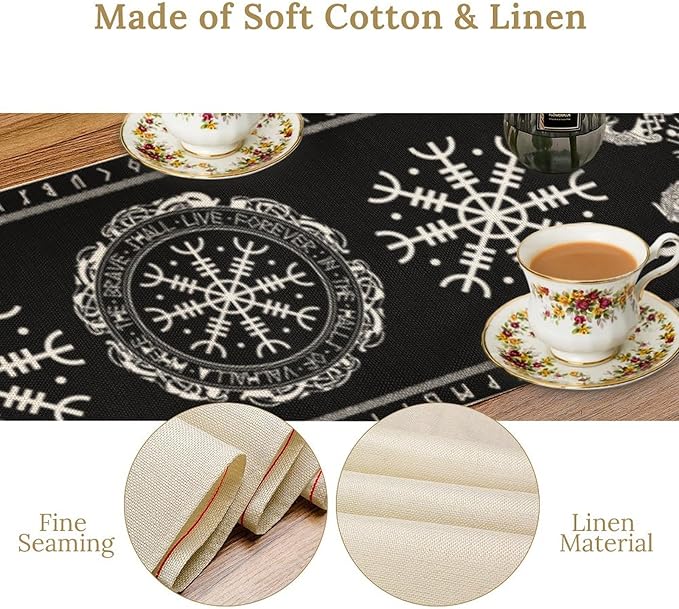 Ancient Abstract Pattern Table Runner, Tree of Life Eagle Dragon Boat Rudder Black and White Table Runner 13x60 Inch