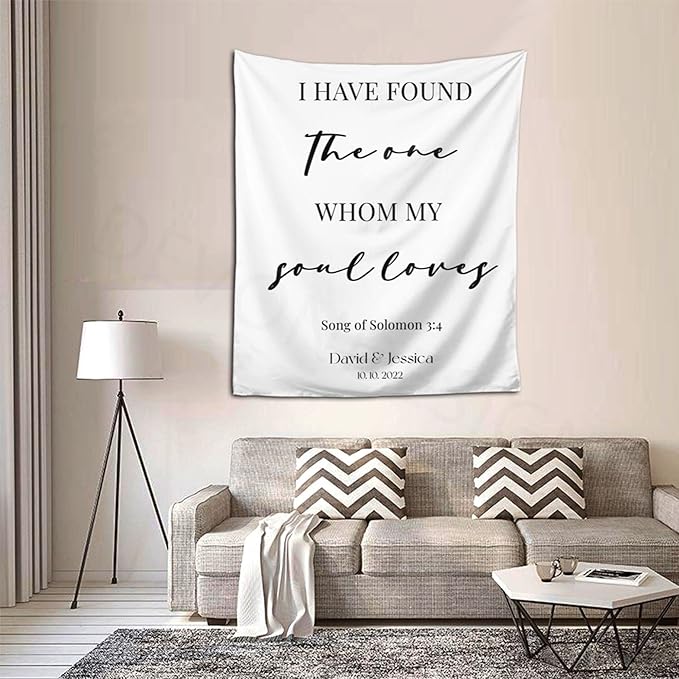 I Have Found The One Whom My Soul Loves Backdrop,Custom Tapestry with Names and Date,Rustic Wedding Sign,Personalized Calligraphy Wedding Banner for Ceremony,Reception Backdrop