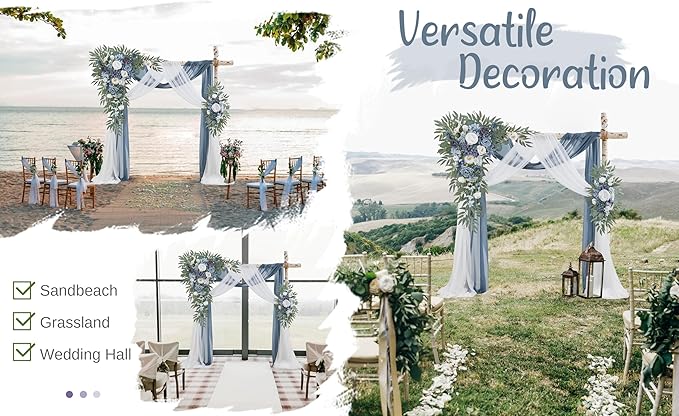 Artificial Flowers Wedding Arch Kit, Dusty Blue Silk Roses with Sheer Drapes
