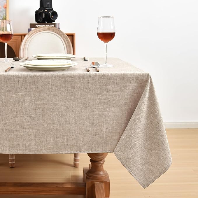 Fitable Faux Linen Beige Tablecloths for Rectangle Tables - 90 x 132 Inch - 6 Pack Fabric Textured Washable Table Clothes Floor Lenghth Table Covers for Wedding, Party, Banquet, Birthday