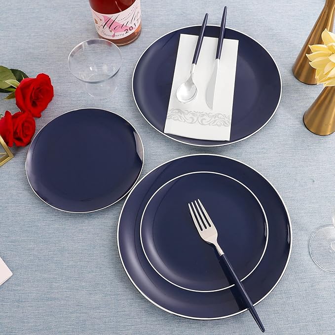 Plastic Plates, Blue and Silver Disposable Set for 25 Guests