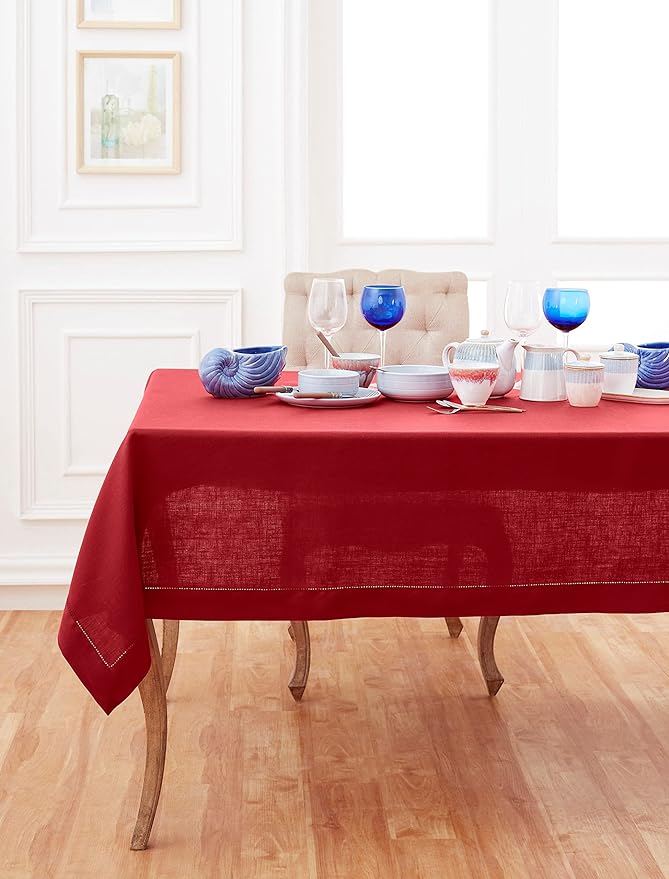 Solino Home Red Linen Tablecloth 52 x 52 Inch - 100% Pure Linen Square Table Throw - Classic Hemstitch, Machine Washable Table Cloth for Christmas