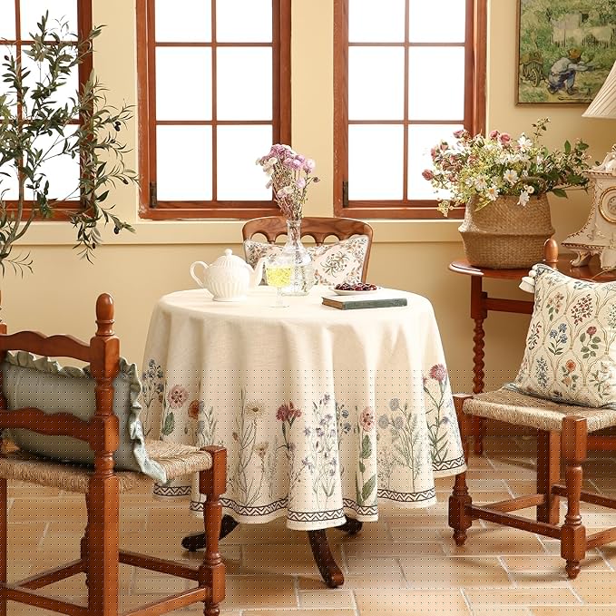ISAENNE Designer Off White Linen Small Round Tablecloth,Floral Elegant Table Cloth,Stain Resistant Vintage Decor Tablecloths for Dining Thanksgiving Kitchen Christmas,Diameter 55"-Serenity G