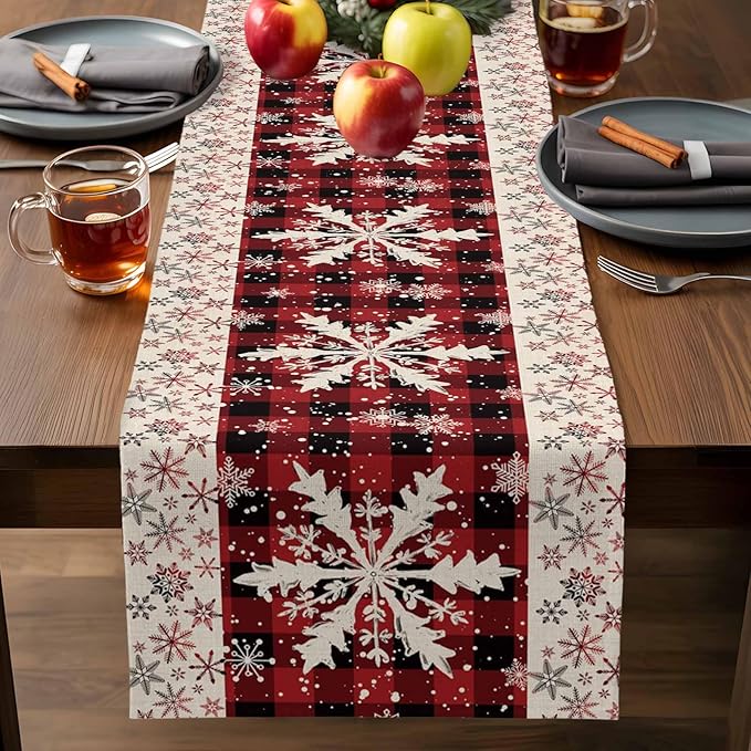 Buffalo Plaid Christmas Cotton Linen Table Runner for Dining Kitchen, Snowflake Red Black Check Wedding Outdoor Party Tablerunner Decoration,Retro Dresser Scarf Coffee Tablecloth Runners 13x120 Inches