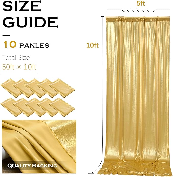 Gold Sequin Backdrop Drape, 10 Panels 5 x 10 ft, Wrinkle-Free Polyester