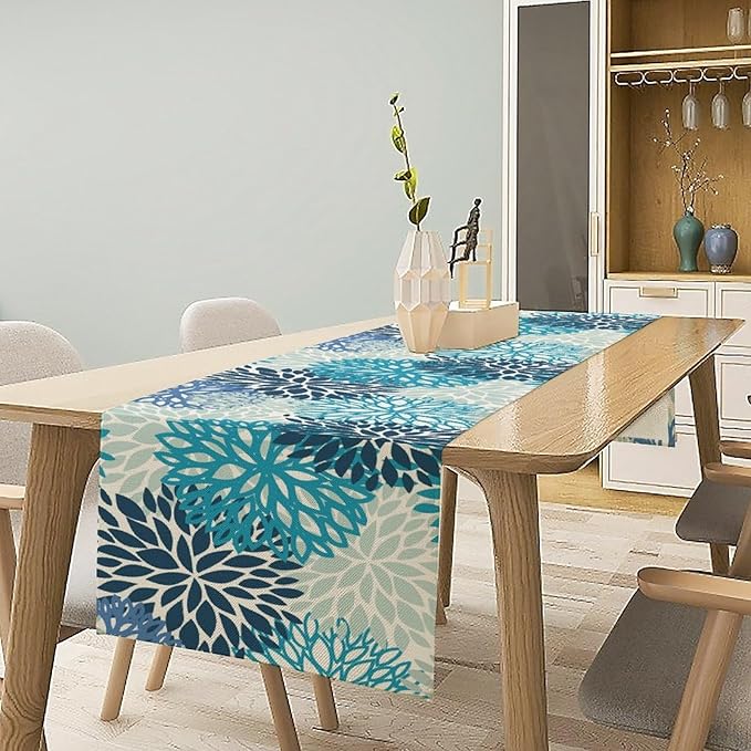Floral Table Runner,Blue Flowers Print Spring Summer Table Cloth Kitchen Dining Table Home Party Decoration 13x36 Inch