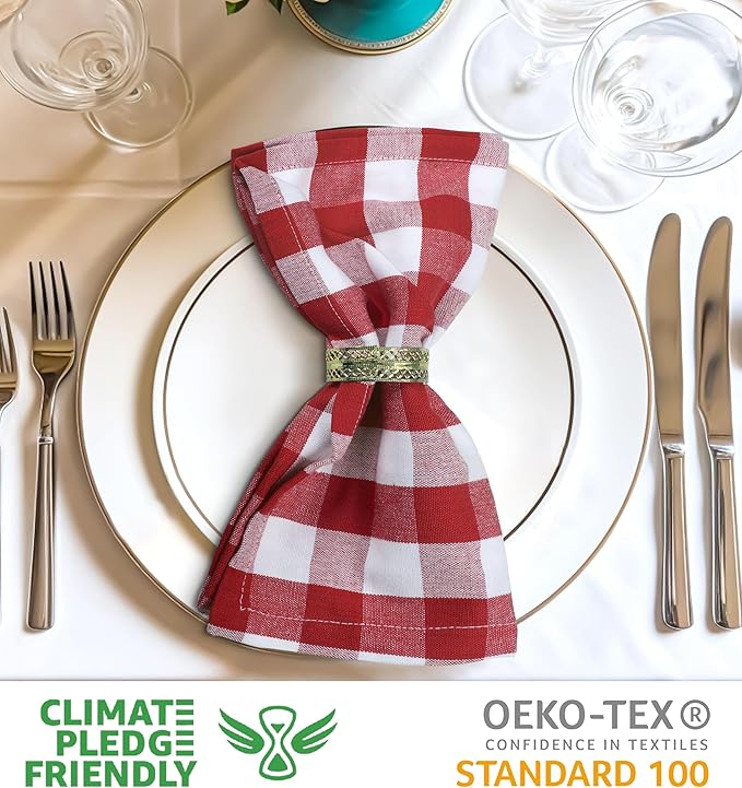 Cloth Dinner Napkins Set of 12, Square Red and White Checkered 100% Cotton