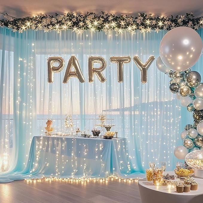10×10ft Tulle Backdrop Curtains with Lights String - 300LED Fairy Lights Sheer Curtain Backdrop for Weddings Baby Shower and Birthday Party Decorations(8 Panels 5×10ft)
