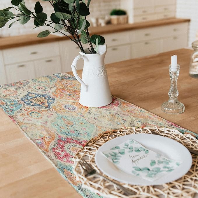 Snycler Table Runner Boho Table Runners Vintage Elegant Farmhouse Table Center Linen Decor for Home Dining Party Entrance (13x72 Inch) Boho-Yellow