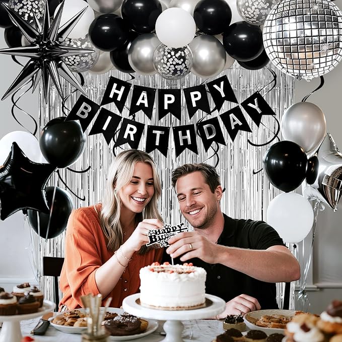 13th Birthday Decorations for Boys Girls, Black Silver Happy Birthday Party Decorations， 13 Year Old Party Supplies with Number 13 Balloons, Banner, Fringe Curtains Kit