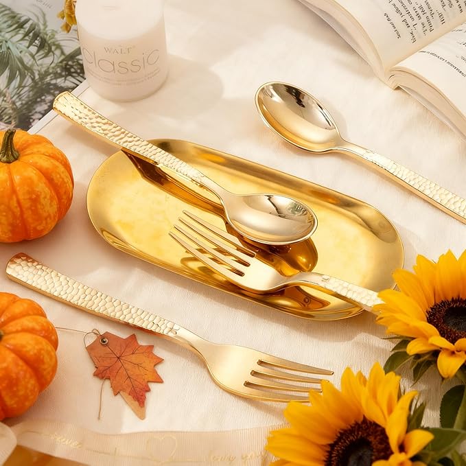 Spoons and Forks Set: 400 Piece Gold Hammered Plastic Cutlery