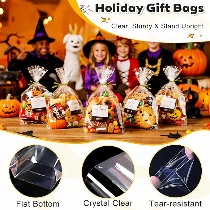 PigPotParty Cellophane Treat Bags 6"x9", 50 Pack Clear Goodie Bags, 2.4" Bottom Gusset for Stand-Up Display, Small Plastic Gift Wrap for Cookies, Candy, Party Favors, Popcorn, Includes 50 Gold Ties