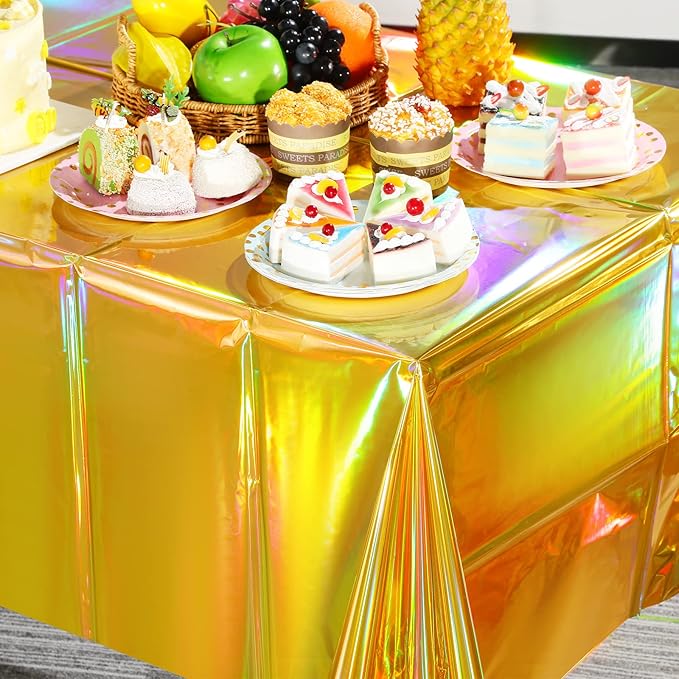 8 Pack Gold Iridescent Plastic Tablecloths Shiny Disposable Laser Rectangle Table Covers Holographic Foil Tablecloth Iridescent Party Decorations Birthday Bridal Wedding Christmas, 54 x 108 Inch
