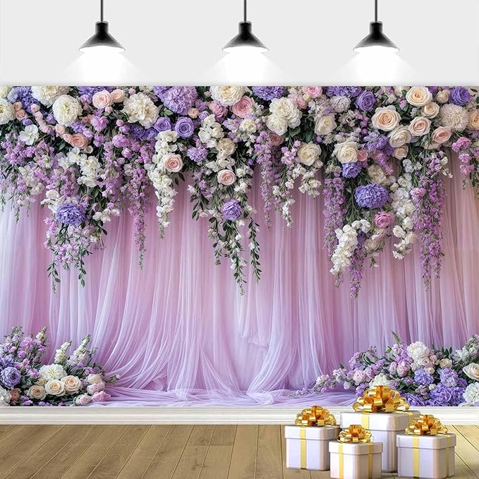8x6ft Purple Lavender Floral Bridal Backdrop Wedding Flower Photography Backdrop for Girl Portrait Baby Shower Birthday Party Decor Banner Mother's Day Party Wall Backdrop Studio Photo Backgrounds