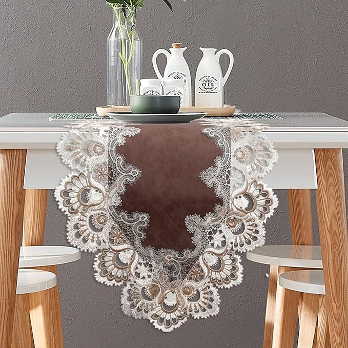 Vintage Lace Dining Table Runner, 120 Inches Floral Coffee Table Runners for Kitchen Home Christmas Party Decorations (16x120 inch, Brown)