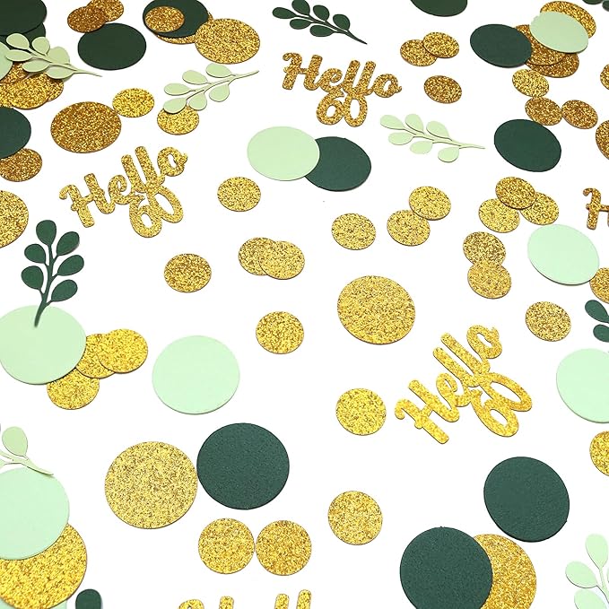 300PC Gold Glitter and Sage Green Happy 60th Birthday Decorations for Men/Woman Greenery 60th Birthday Confetti for Table Sixty Party Decor Supplies