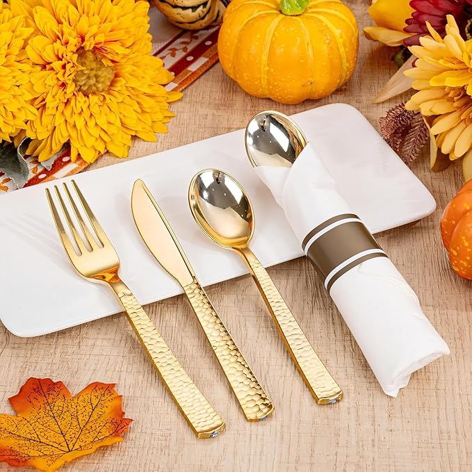 Disposable Spoons Set, 50 Count Gold Plastic with Pre-Rolled Napkins
