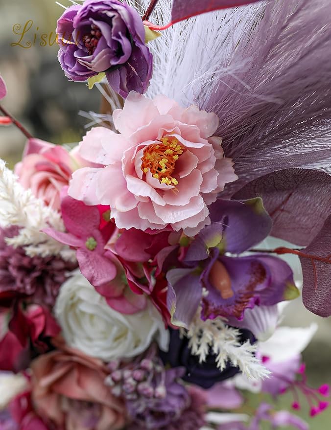 Artificial Flowers Wedding Arch Swag, Purple Peony and Pampas Grass, 40 Inch