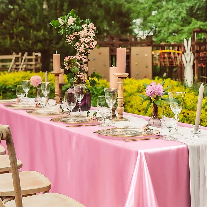 TURSTIN 4 Packs Pink Satin Tablecloth 102 x 58 Inch Overlay Satin Table Cover Rectangle Bright Silk Tablecloth Smooth Fabric Table Decoration for Wedding Banquet Party Events