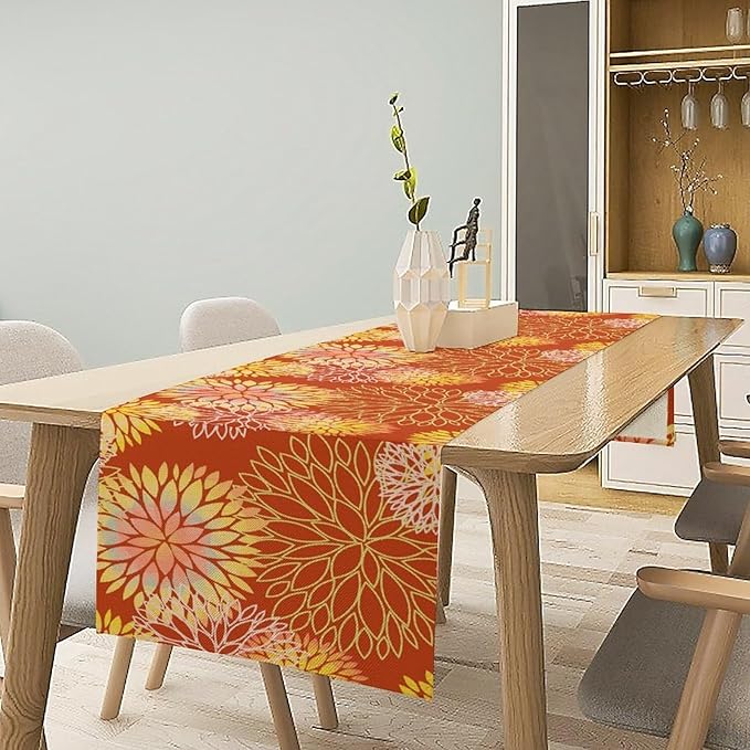 Yellow Floral Table Runner, Chrysanthemum Autumn Spring Summer Vintage Modern Linen Geometric Table Runner for Kitchen Living Room Bedroom Party Holiday, 13x120 Inch