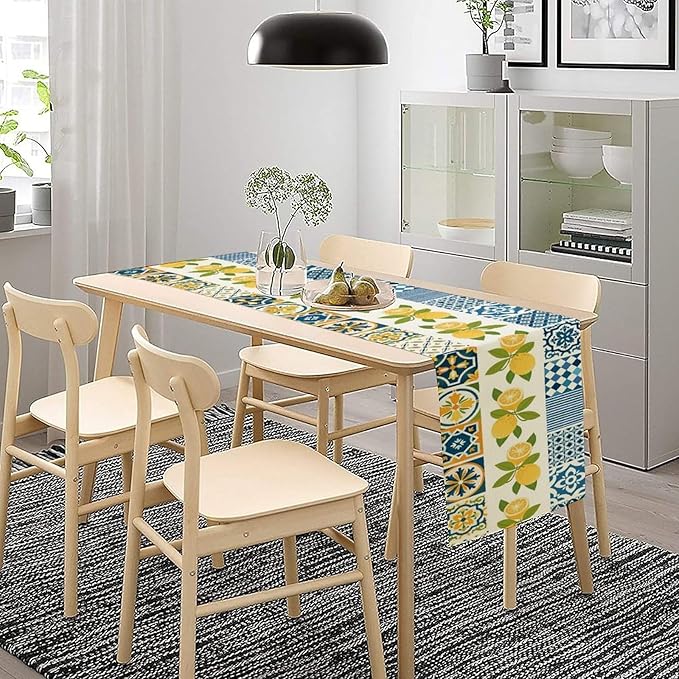 Lemon Table Runner,Watercolor Blue Fruits Green Leaves Print Table Cloth Kitchen Dining Table Home Party Decoration 13x108 Inch