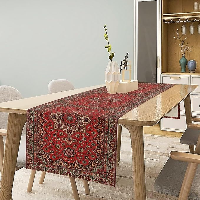 Vintage Boho Floral Table Runner, Rustic Country Farmhouse Red Black Retro Flower Pattern for Home Kitchen Table Decor Dining Coffee Room Party Decor 13x90in