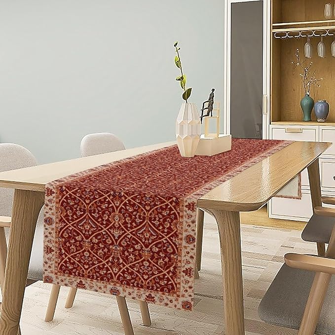Boho Floral Vintage Table Runner, Red Retro Flower Rustic Country Farmhouse Abstract Pattern for Home Kitchen Table Decor Dining Coffee Room Party Decor 13x90in