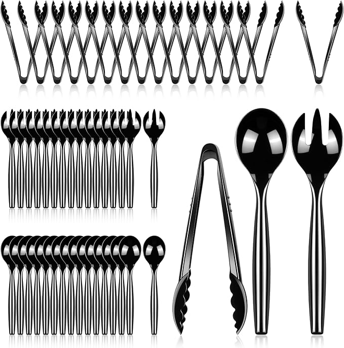 Serving Utensil Set: Black Plastic Spoons, Tongs and Forks