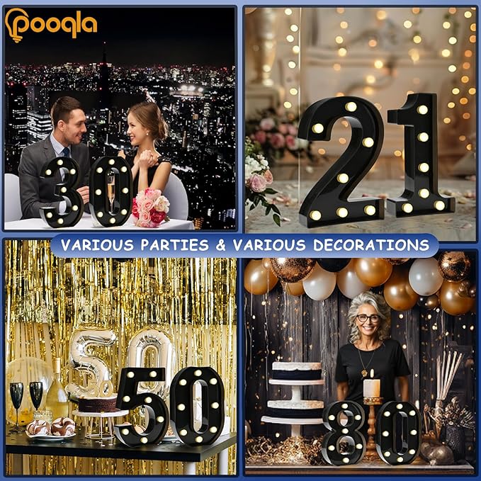Pooqla Decorative Led Light Up Number Letters, Black Plastic Marquee Number Lights Sign for 13th Birthday Party Wedding Decor Battery Operated Black Number 13
