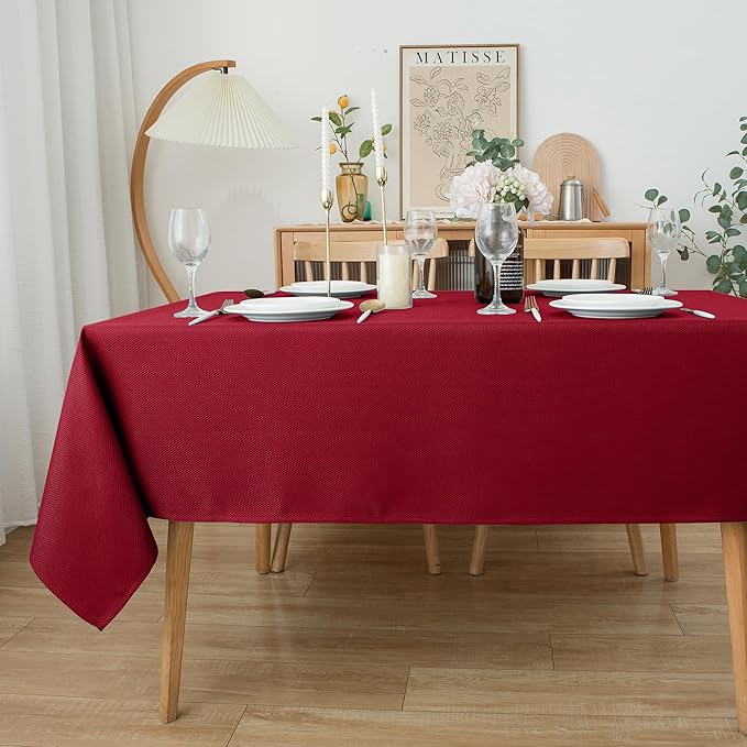 Biscaynebay Textured Fabric Christmas Tablecloths 70x108 Inches Rectangular, Red Water Resistant Table Cloths for Dining, Kitchen, Wedding and Parties, Machine Washable