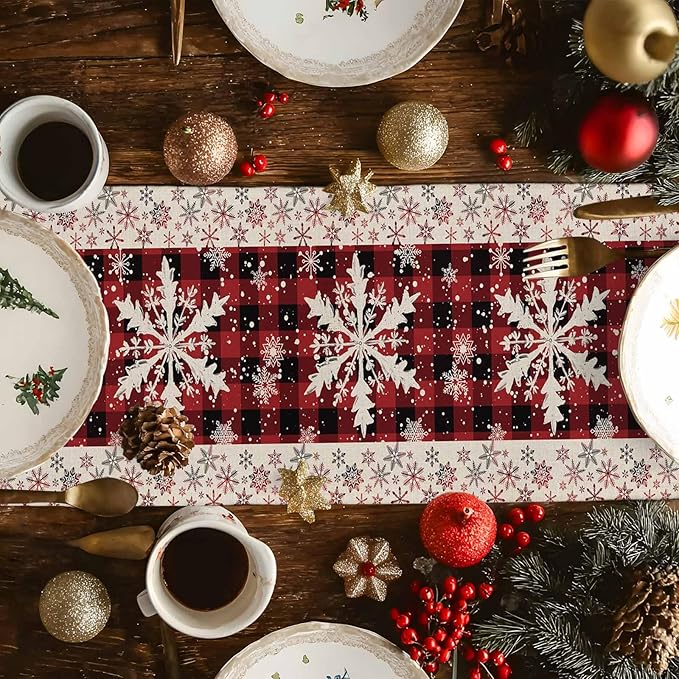 Buffalo Plaid Christmas Cotton Linen Table Runner for Dining Kitchen, Snowflake Red Black Check Wedding Outdoor Party Tablerunner Decoration, Retro Dresser Scarf Coffee Tablecloth Runners 13x60 Inches