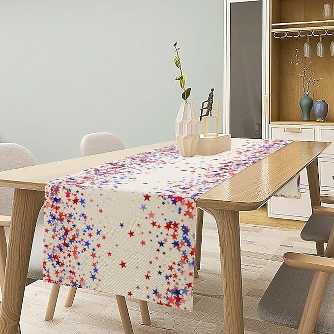 Independence Day Table Runner, 4th of July Red Blue Stars American President Day Holiday Confetti Print Table Cover for Kitchen Dining Table Indoor Outdoor Party, 13x90inch
