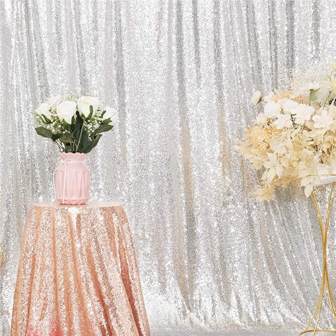 Eternal Beauty Silver Sequin Backdrop, 8x8 Ft Glitter Background Curtains for Shimmer Photography Party Wedding Birthday Back Drop Decor