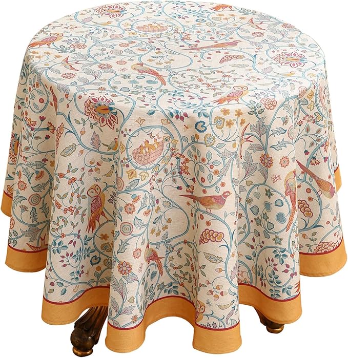 patdrea Designer Yellow French Round Tablecloth,Rustic Linen Floral Birds Table Cloth,Fall Decor Table Cover for Kitchen Dining Holiday Banquet,Christmas,Thanksgiving,Diameter 67"-Magnolia